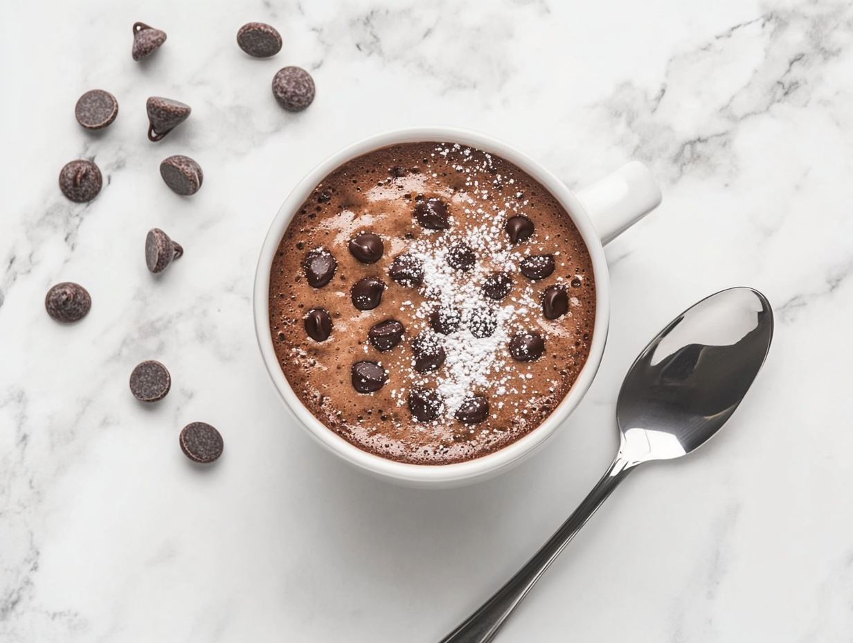 Top-down view of the warm mug cake in the coffee mug, topped with chocolate chips and ready to eat. A spoon is placed beside the mug, inviting the first bite straight from the mug.