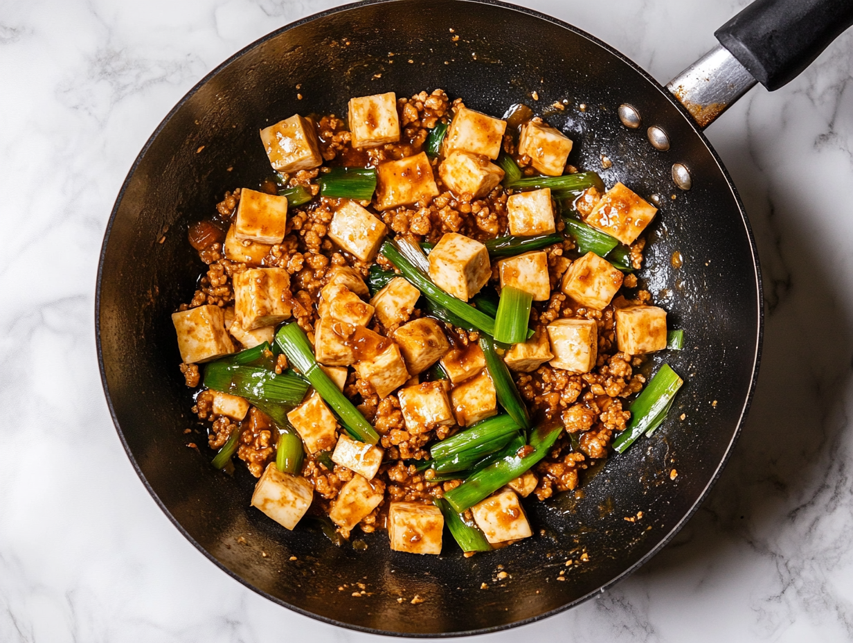 A top-down view of the finished dish in a wok on a white marble cooktop background. The tofu, ground pork (or chicken), and scallions are fully combined, with the sauce coating everything evenly, ready to be served.