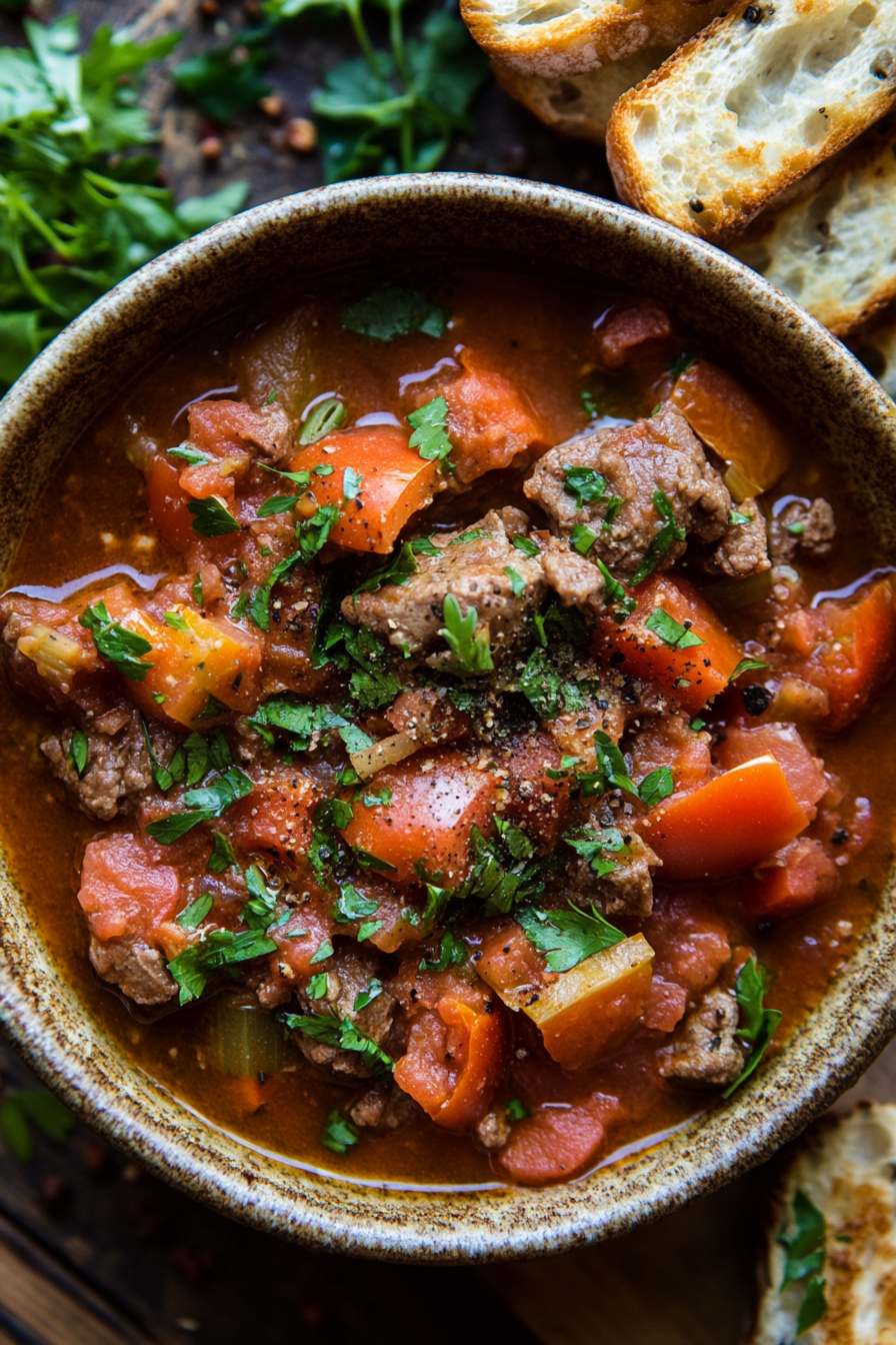 Top-down view of the stew served in a bowl, garnished with reserved parsley and cracked black pepper. The rich stew is accompanied by garlic bruschetta, showcasing the warm, comforting dish.