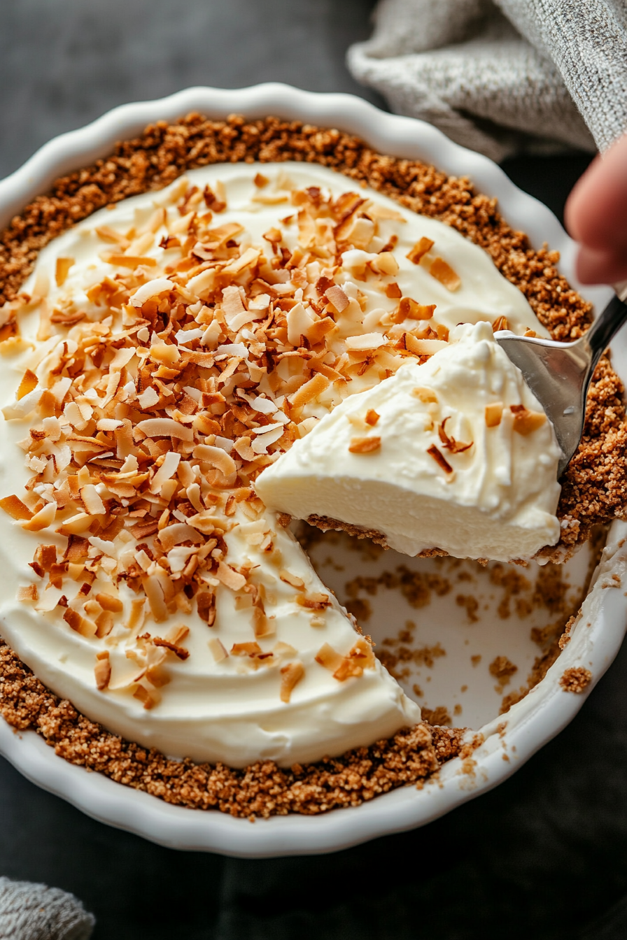 A top-down view of the chilled pie being served. The pie is topped with Reddi-wip and toasted coconut, adding a decorative touch. A slice is being lifted from the pie, showing the creamy filling and crumbly graham cracker crust. The scene focuses on the final presentation, ready to be enjoyed.