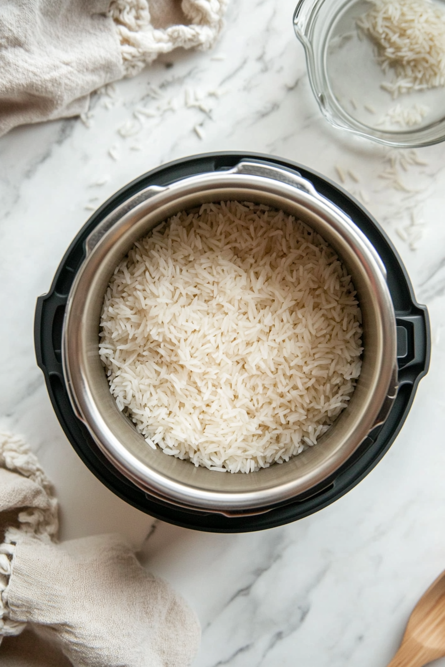 A top-down view of the Instant Pot with the lid secured, and the display set to 'Pressure Cook' on High for 3 minutes. The timer is clearly visible, showing the selected cooking time.