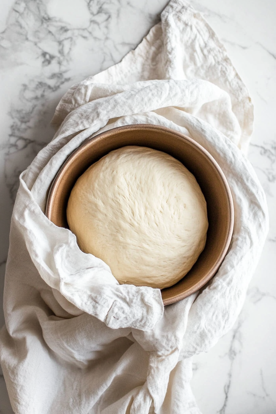 Top-down view of the risen dough being punched down and divided into two loaves, placed in oiled loaf pans for the second rise. The smooth, evenly shaped dough is rising for 30 minutes before baking.