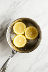 A top-down view of a medium saucepan placed on a white marble cooktop. Sugar and water are combined, boiling to form a clear, smooth syrup for the lemon slices.