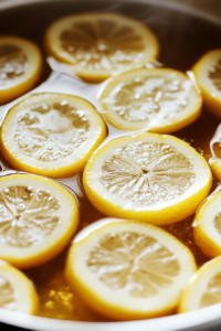 A top-down view of a saucepan on the white marble cooktop with thinly sliced lemons simmering in syrup. The lemon slices are becoming translucent as they cook.