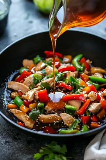 Top-down view of hoisin sauce, soy sauce, chicken broth, and honey being poured into the skillet with the stir-fry. The liquid is starting to simmer and thicken as the dish comes together.