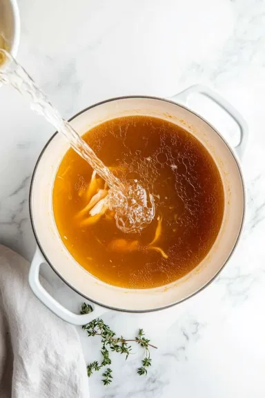 Top-down view of chicken broth and water being poured into the pot, with the taco soup beginning to simmer, showing a mixture of beef, vegetables, and liquid.