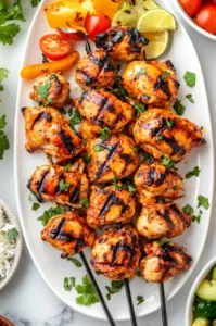 This image shows grilled chicken being sliced into pieces, served with fresh vegetables or rice, ready to enjoy.