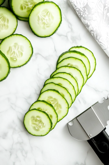 Top-down view of thinly sliced cucumbers arranged on a white marble countertop, with a mandoline slicer beside them, showcasing perfectly even slices.