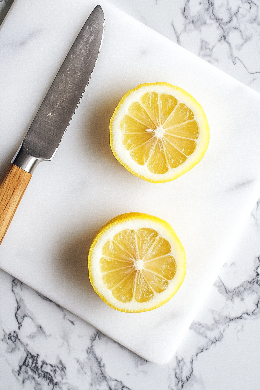 A top-down view of a clean cutting board placed on a white marble cooktop. Two lemons are being sliced thinly with a sharp knife, showing thin, circular slices of lemon ready to be candied.