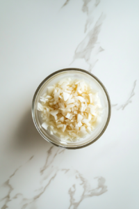 A top-down view of finely chopped onions soaking in cold water in a small bowl on a white marble cooktop. The scene captures the preparation process, as the onions mellow before being used in the salad.