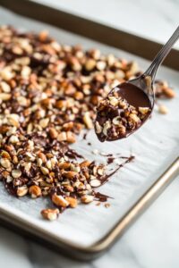 Top-down view of a wax paper-lined baking sheet on a white marble cooktop. Small spoonfuls of the chocolate peanut mixture are dropped onto the sheet, forming individual glossy peanut clusters, evenly spaced and ready to chill.