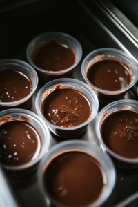 A top-down view of small disposable shot cups arranged on a plate. The pudding and whipped topping mixture is being spooned into each cup, filling them evenly. The cups are lined up neatly, ready to be placed in the freezer. The focus is on the filling process of the rich, creamy mixture into the shot cups.