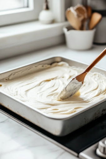 This image shows the batter being evenly spread into a prepared baking pan, ready for baking.