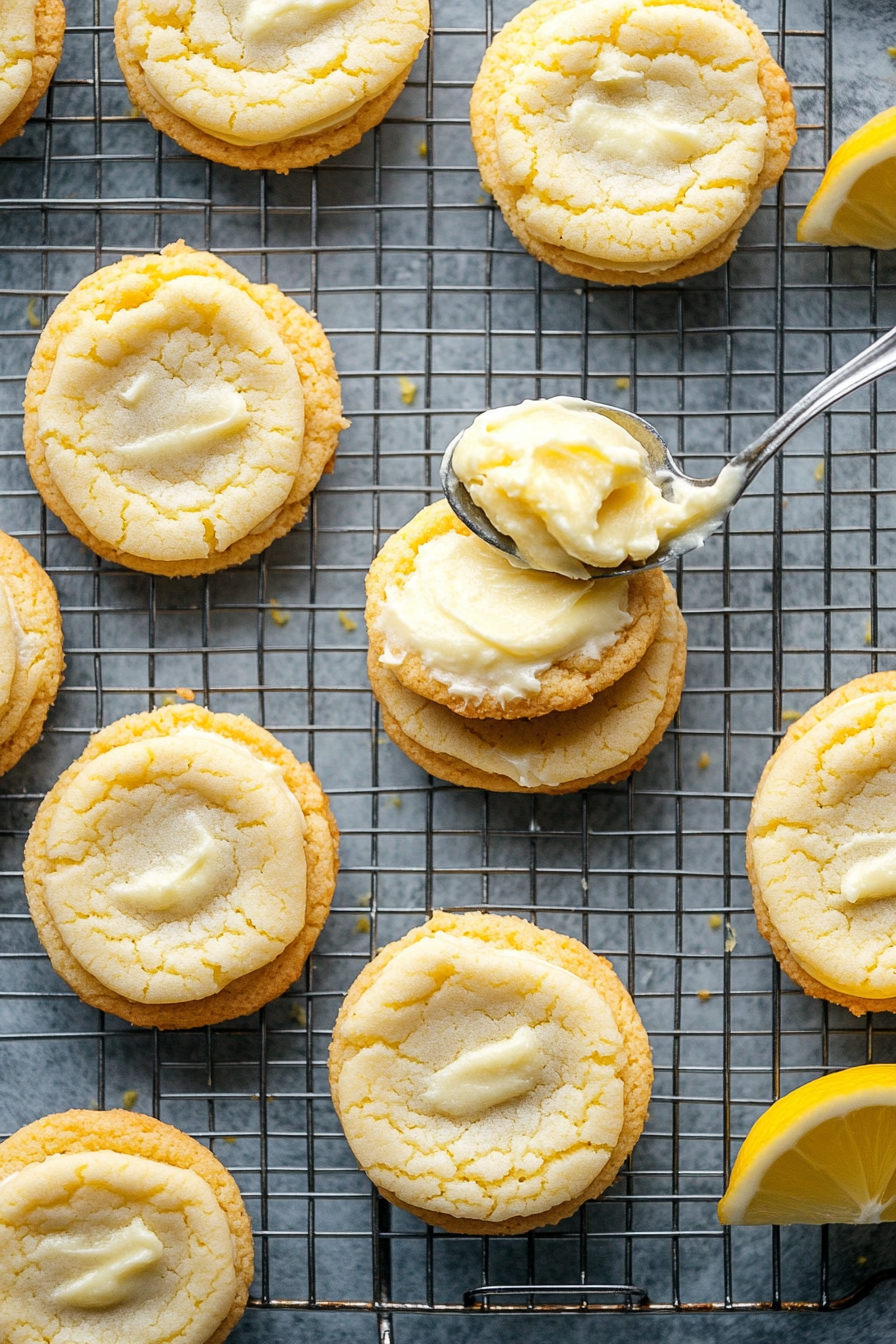 This image shows a spoon spreading a generous layer of lemon cream filling on the flat side of one lemon cookie, while another cookie is ready to be pressed on top to create a lemon sandwich cookie. The cookies are golden and delicate, with the creamy lemon filling peeking out from the sides.