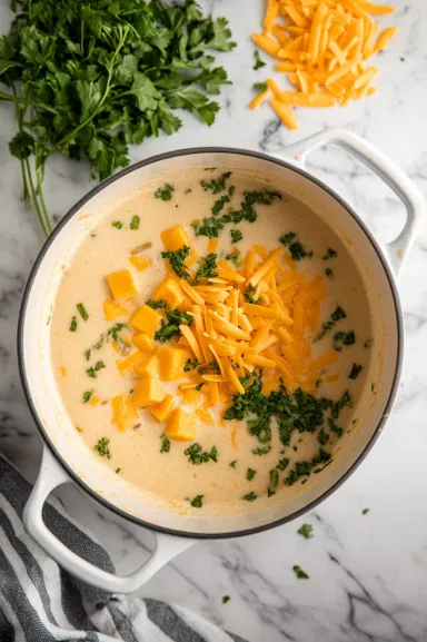 Top-down view of cubed cream cheese and shredded cheddar cheese being added to the pot, with the soup turning creamy as the cheese melts into the mixture.