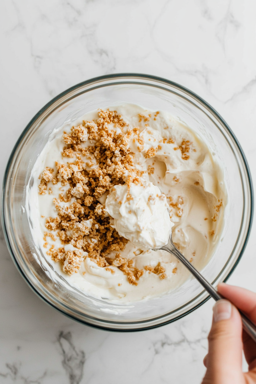 A top-down view of the mixing bowl on the white marble countertop. A spoon is stirring the crumbled tofu and yogurt mixture until fully combined. The texture is a blend of smooth and chunky.