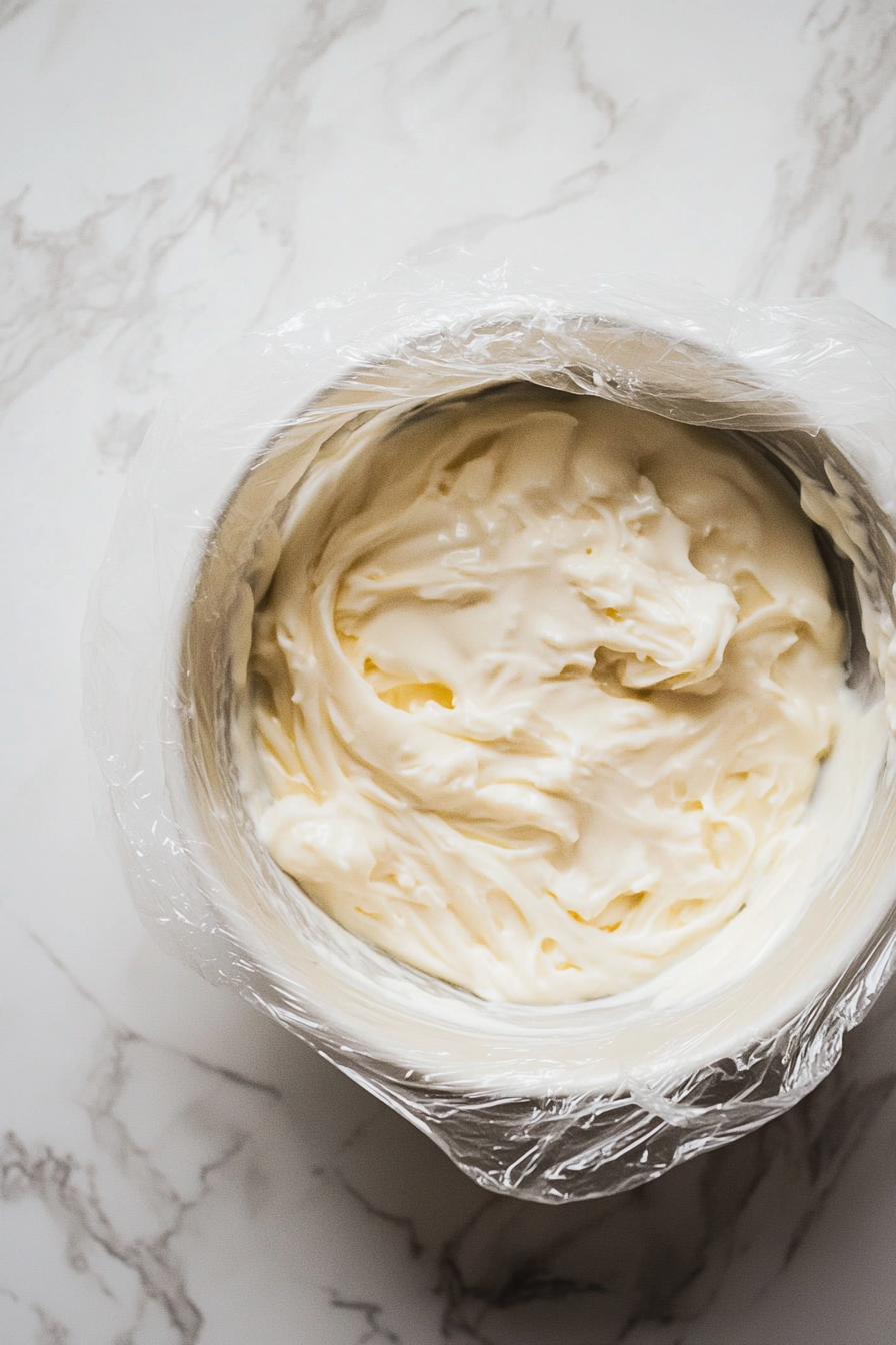 A top-down view of the tofu and yogurt mixture being transferred into a tightly sealed container. The container is placed in the refrigerator, ready to be stored for up to 4-5 days.