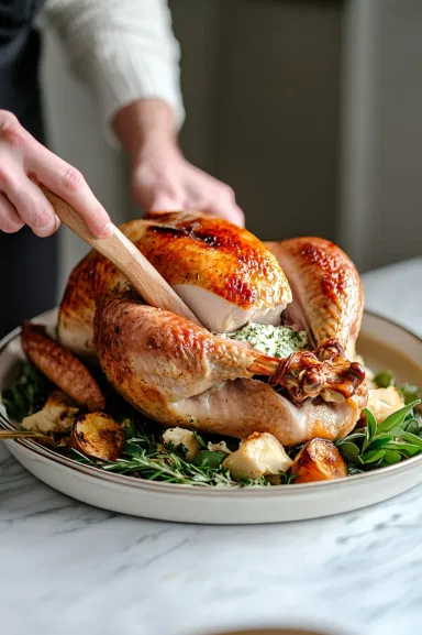 This image shows the skin of the turkey breast being gently lifted with a spoon while herb butter is being spread underneath.