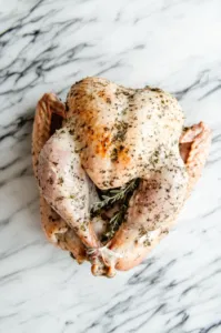 This image shows the cavity of the turkey being stuffed with onion, garlic, and parsley, with an option to tie the legs with kitchen twine for a neater presentation.