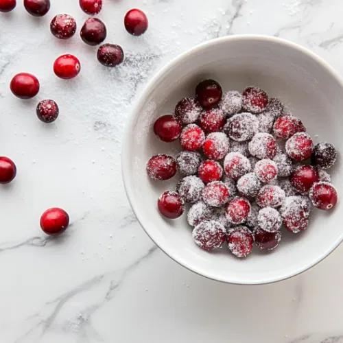 Top-down view of dried cranberries being rolled in granulated sugar, coating them with a sparkling, sugary layer. The deep red cranberries contrast beautifully with the white sugar for a festive, finished look.