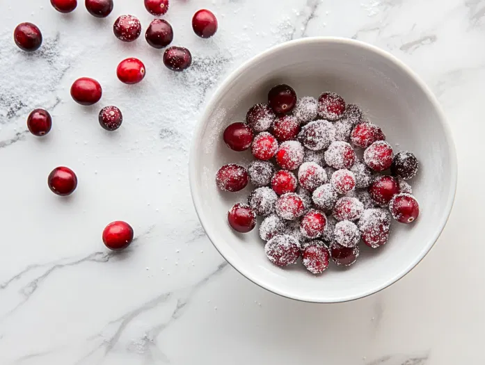 Top-down view of dried cranberries being rolled in granulated sugar, coating them with a sparkling, sugary layer. The deep red cranberries contrast beautifully with the white sugar for a festive, finished look.