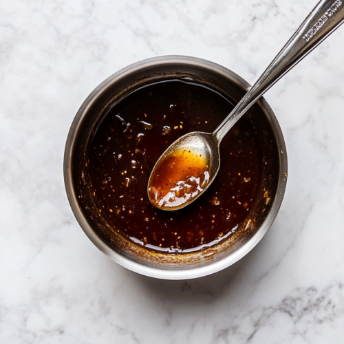 A top-down view of the saucepan removed from the heat, placed on the white marble cooktop. The thickened sauce is cooling slightly before use. A spoon is dipped into the sauce to show its thick consistency. The scene focuses on the cooling process, with the sauce ready to be used.