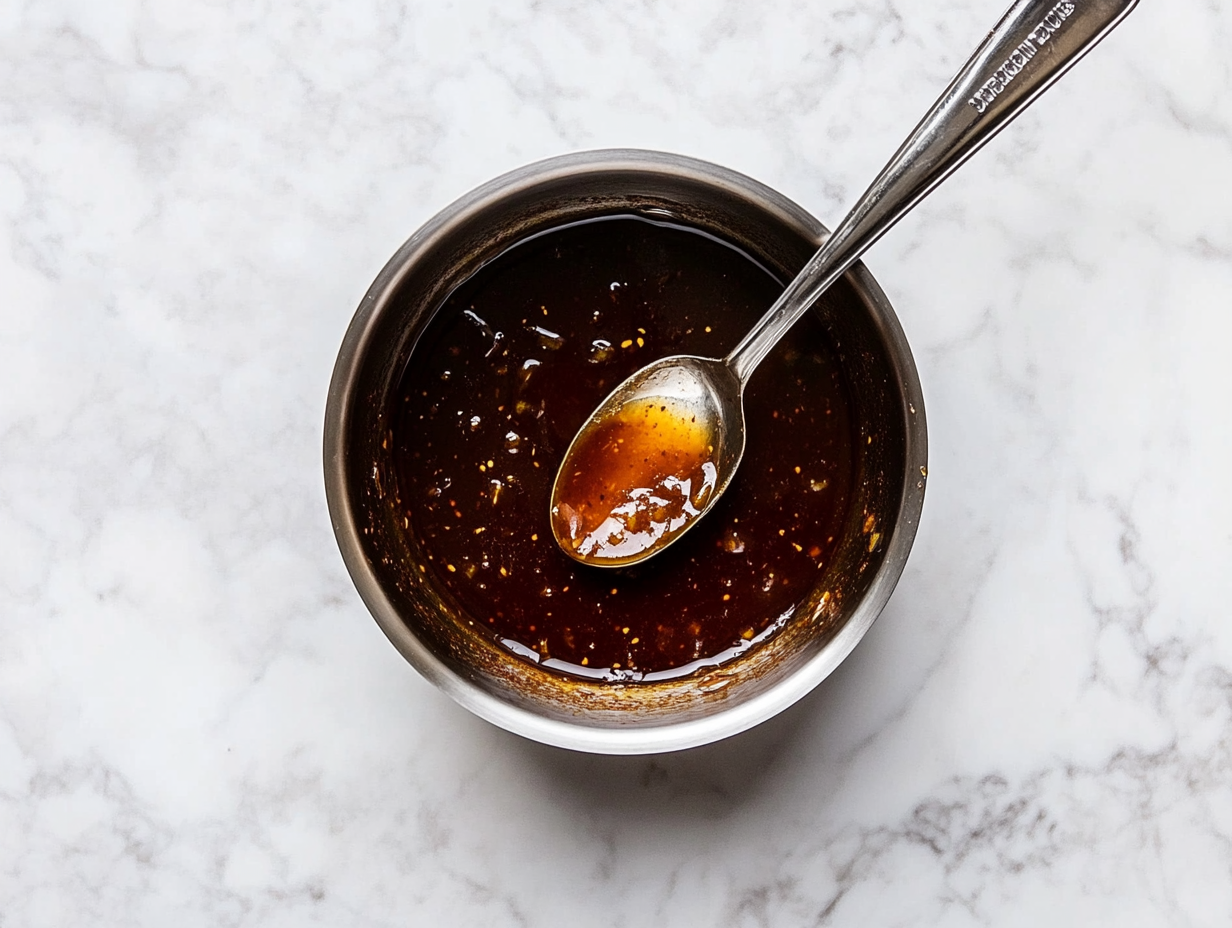 A top-down view of the saucepan removed from the heat, placed on the white marble cooktop. The thickened sauce is cooling slightly before use. A spoon is dipped into the sauce to show its thick consistency. The scene focuses on the cooling process, with the sauce ready to be used.