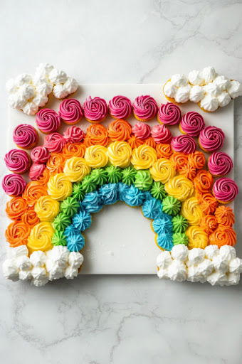 This image shows cooled cupcakes being arranged in a rainbow shape on a large 20x30 inch board, with additional cupcakes placed at the ends for clouds.