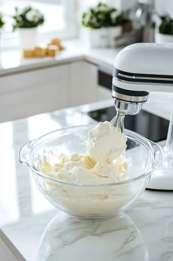 This image shows cream cheese being beaten with an electric mixer.