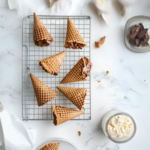 This image shows crunchy homemade waffle cones on a cooling rack.