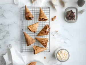 This image shows crunchy homemade waffle cones on a cooling rack.