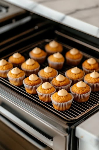 This image shows cupcakes baking in the oven at 325°F, with golden tops just starting to form.