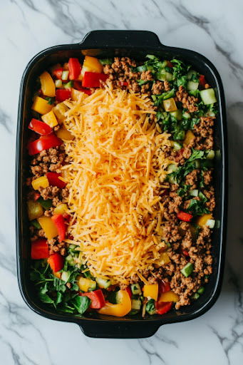 This image shows diced bell pepper, greens, half of the vegan cheese, and chopped sausage being stirred together in a prepared baking dish.