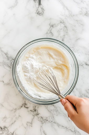 This image shows egg whites, sugar, and vanilla extract being whisked together in a small bowl, followed by salt, flour, and melted butter to create a smooth, lump-free batter.