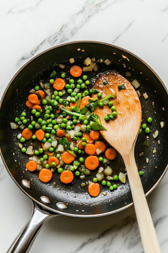 This image shows garlic, green onion, peas, and carrots being sautéed in a skillet after the tofu has been removed