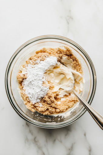 This image shows graham cracker crumbs, melted butter, and powdered sugar being mixed together in a small bowl.