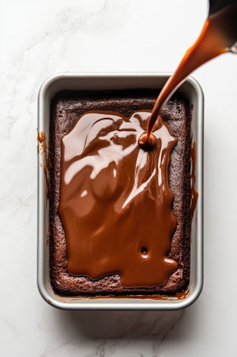 This image shows melted chocolate being spread evenly over the cake