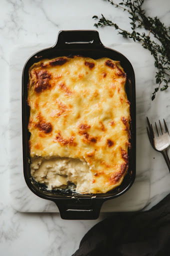 This image shows the baked dish cooling for 15 minutes before being sliced into portions.