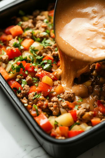 This image shows the blended tofu mixture being poured evenly over the veggie mix in the baking dish