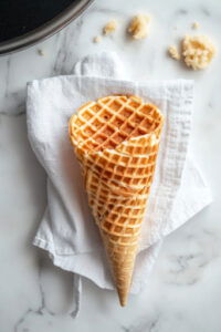 This image shows the cooked waffle being transferred to a clean towel