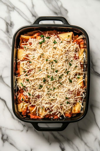 This image shows the remaining vegan cheese being sprinkled on top of the tofu and vegetable mixture.