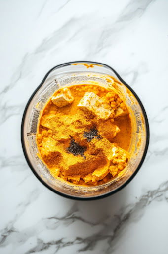 This image shows tofu, chickpea flour, nutritional yeast, soy sauce, black salt, thyme, turmeric, and black pepper being combined in a blender or food processor.