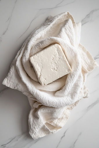 This image shows tofu wrapped in a towel with a heavy object placed on top to press out excess moisture