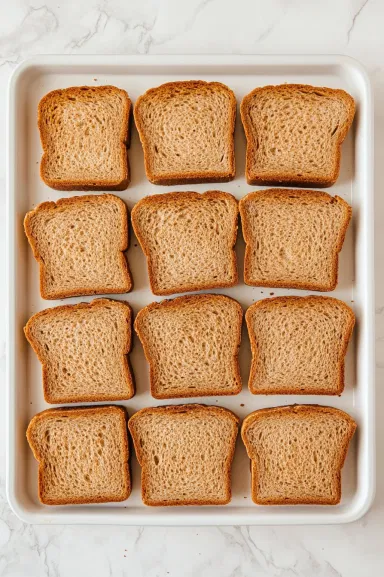 This image shows slices of bread arranged in a single layer on two baking sheets, ready to be toasted in the oven until dry.