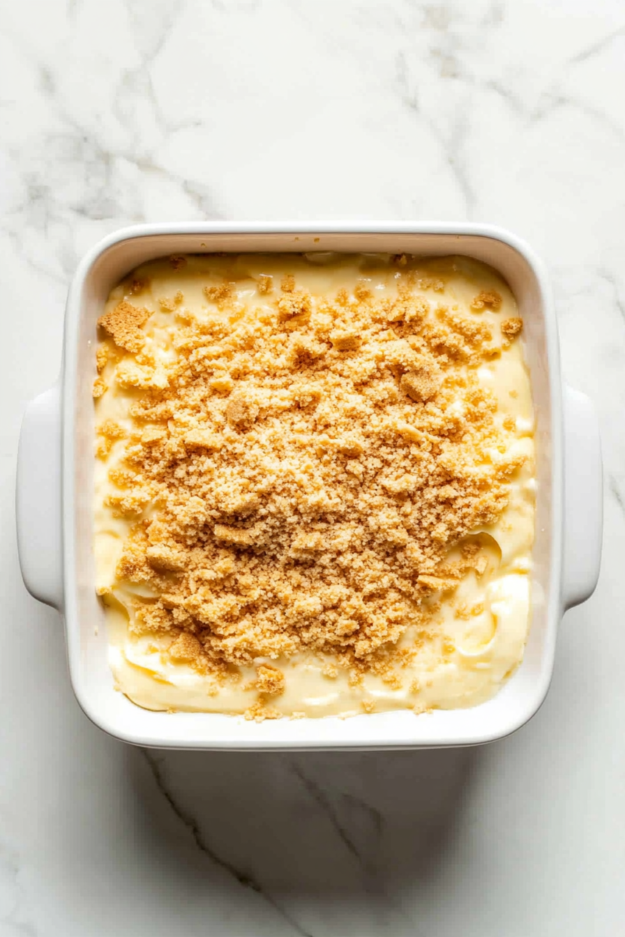 A top-down view of a small bowl with crushed vanilla wafers being stirred with melted butter. The mixture is being sprinkled evenly over the top layer of batter in the baking pan.