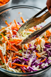 Top-down view of a large mixing bowl with prepared dressing, adding the drained vegetable mixture, and tossing with tongs to coat evenly.