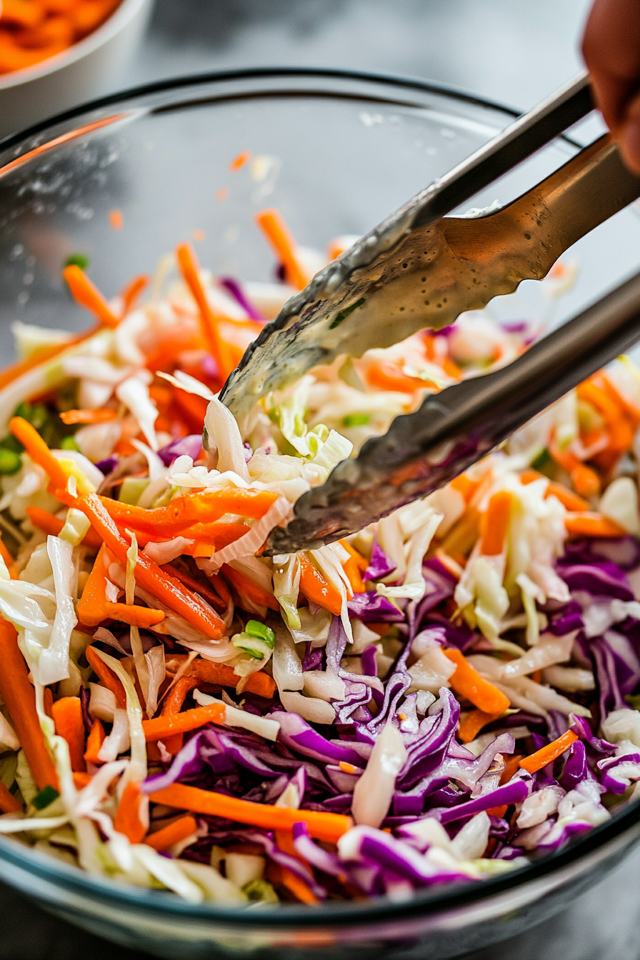 Top-down view of a large mixing bowl with prepared dressing, adding the drained vegetable mixture, and tossing with tongs to coat evenly.