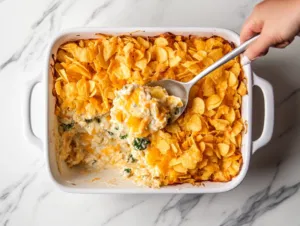 Top-down view of the tuna casserole in the oven, where the potato chips are turning golden brown, and the edges of the casserole are bubbling.