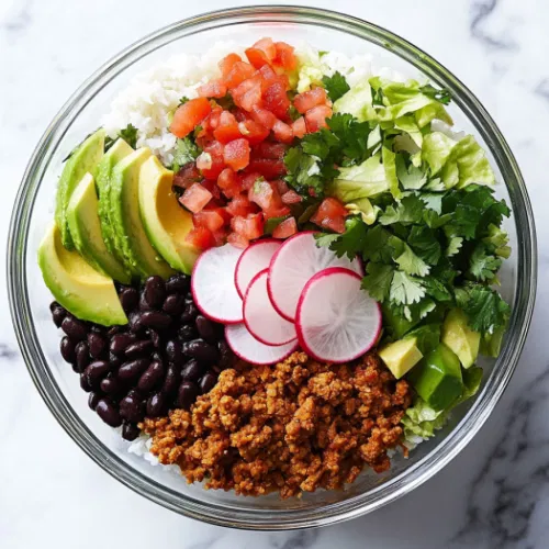 A top-down view of a burrito bowl being assembled on the white marble cooktop. The base of cilantro lime coconut rice is topped with seasoned ground turkey, black beans, shredded romaine lettuce, avocado slices, pico de gallo, sour cream, sliced radishes, and fresh cilantro. The scene highlights the colorful, fresh ingredients coming together in the bowl.