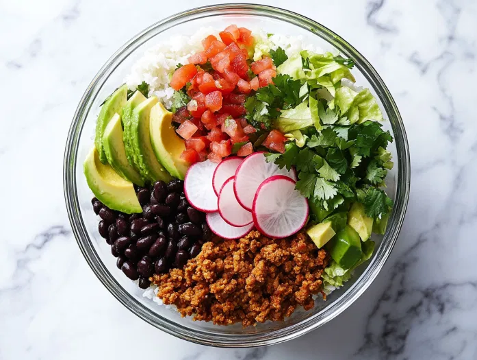 A top-down view of a burrito bowl being assembled on the white marble cooktop. The base of cilantro lime coconut rice is topped with seasoned ground turkey, black beans, shredded romaine lettuce, avocado slices, pico de gallo, sour cream, sliced radishes, and fresh cilantro. The scene highlights the colorful, fresh ingredients coming together in the bowl.